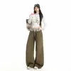 Outono e Inverno Novo Estilo Retrô Americano Bloco de Cores Estruturalismo Senso de Design Cintura Alta Solto Perna Larga Calças Casuais Femininas