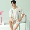 Pijama de verano para hombre, de algodón fino, con cuello redondo y manga corta, informal, sencillo, a rayas, para el hogar
