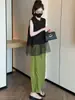 Nuevo conjunto de dos piezas para mujer: camiseta sin mangas de malla con retazos estilo chino y pantalones de pierna ancha de cintura alta, atuendo elegante y versátil para el verano