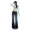 Jeans Americano Retrô de Cintura Média-Baixa Azul-Cinza Escuro Transfronteiriço 2026 para Mulheres, Novo Estilo Elegante de Outono, Afinando, Flare