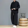 Conjunto de Dos Piezas de Jacquard Crepé Ondulado Abotonado Estilo Chino Otoño 2026, Atuendo Casual Holgado para Hombres
