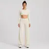 Conjunto de ropa de yoga transfronterizo con diseño de espalda hueca, camiseta deportiva de manga larga, pantalones rectos holgados de cintura alta, conjunto de fitness