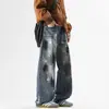 Roupas Masculinas Fengshe / Jeans Tendência Estilo Americano Lavagem Suja Grafite Perna Reta para Homens e Mulheres - Nova Coleção Primavera e Outono