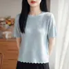 Camiseta de Punto Jacquard de Manga Corta Estilo Francés Elegante para Mujer, Nuevo Modelo 2026, Cuello Redondo, Delgada y Adelgazante, Elegante Top de Punto