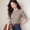 Camiseta básica casual de corte ajustado con cuello redondo para mujer, nuevo modelo de otoño 2026, top de algodón modal lana merino de manga corta