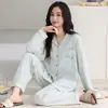 Pijama de algodón 100% para mujer para otoño e invierno, conjunto de cárdigan de manga larga y pantalón largo, cuadros de dibujos animados, se puede usar fuera de casa, ropa casual para el hogar