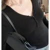 Top casual para mujer con cuello en U y media botonadura, primavera y otoño, elegante, simple, color liso, para llevar debajo, hombro derecho, corte ajustado, camiseta de manga larga