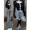 Jeans Feminino Micro Flare Outono Inicial Novo Design Sensação Tamanho Grande Cheio Cintura Alta Elástico Cobre Quadril Emagrecimento Bainha Desfiada Flare