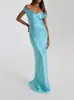Vestido largo de satén estilo europeo y americano, con hombros descubiertos, escote en V, ajustado, corte sirena, color liso, de alta gama, elegante, C