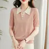Salida de Liquidación Mostrador Retira Suéter de Hilo de Seda de Hielo Holgado con Cuello de Marca para Mujer, Elegante Camiseta de Manga Corta de Verano