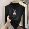 Camiseta básica de cuello alto a media altura para niña de dibujos animados, nuevo estilo primavera/otoño/invierno, top de manga larga con forro polar para niños de talla mediana y grande