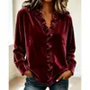 Nueva moda europea y americana de otoño/invierno para mujer, blusa de manga larga con volantes, top de manga larga de terciopelo liso, simple y elegante