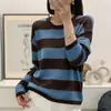 Suéter tejido casual de lana fina estilo coreano, corte holgado, a rayas para mujer, nuevo top casual versátil de cuello redondo para otoño