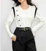 Camiseta Elegante com Design Francês Redutora de Idade para Mulheres Nova Coleção Primavera 2026 Gola Redonda Top Versátil Color Block