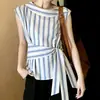 Top Listrado Assimétrico Estilo Coreano para Mulheres, Verão 2026, Sem Mangas, Amarração na Cintura, Caimento Solto, Regata Casual Emagrecedora