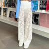 Pantalones Casuales Largos de Algodón Jacquard Blanco Sexy Transparentes con Encaje 2026 Verano Nuevo Estilo Europeo y Americano de Cintura Alta para Viajar Exportación