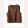 Chaleco Retro de Algodón y Lino Lavado a la Arena para Mujer, Chaleco Top sin Mangas de Cuello Redondo Holgado con Botonadura Sencilla