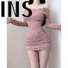 Vestido de hombros descubiertos Spice Girl para mujer Otoño e Invierno Nuevo Elegante Ajustado Delgado de Manga Larga de Encaje Falda de Cadera