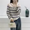 Suéter Pulóver Rayado Azul Marino Cuello Solapa para Mujer 2025 Nuevo Primavera Holgado Combinable Camisa Básica Manga Larga