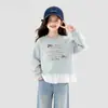 Moletom Doce com Laço para Meninas Estilo Casual Fofo Primavera e Outono Elegante Estampa de Renda Solto Outono Nova Chegada Top