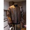 Jaqueta de Couro Cropped Retrô Americana Masculina Outono High-End Desgastada Cool Solta Jaqueta de Baseball Motociclista Jaqueta de Trabalho