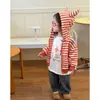 Jaqueta com Capuz de Chifre para Uso Diário de Meninas Ningli Outono Roupa Infantil Fofa Desenho Animado Zíper Cardigan Listrado Color-Block
