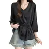 Camisa Base de Manga Três Quartos com Gola para Mulheres, Roupa de Verão, Tamanho Plus, Emagrecedora, Design de Luxo, Ajuste na Cintura, Blusa que Cobre a Barriga