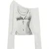 Camiseta Sexy Americana de Manga Longa com Ombro Caído para Mulheres Primavera Estampa de Biquíni Slim Sexy Top Curto Off-Shoulder