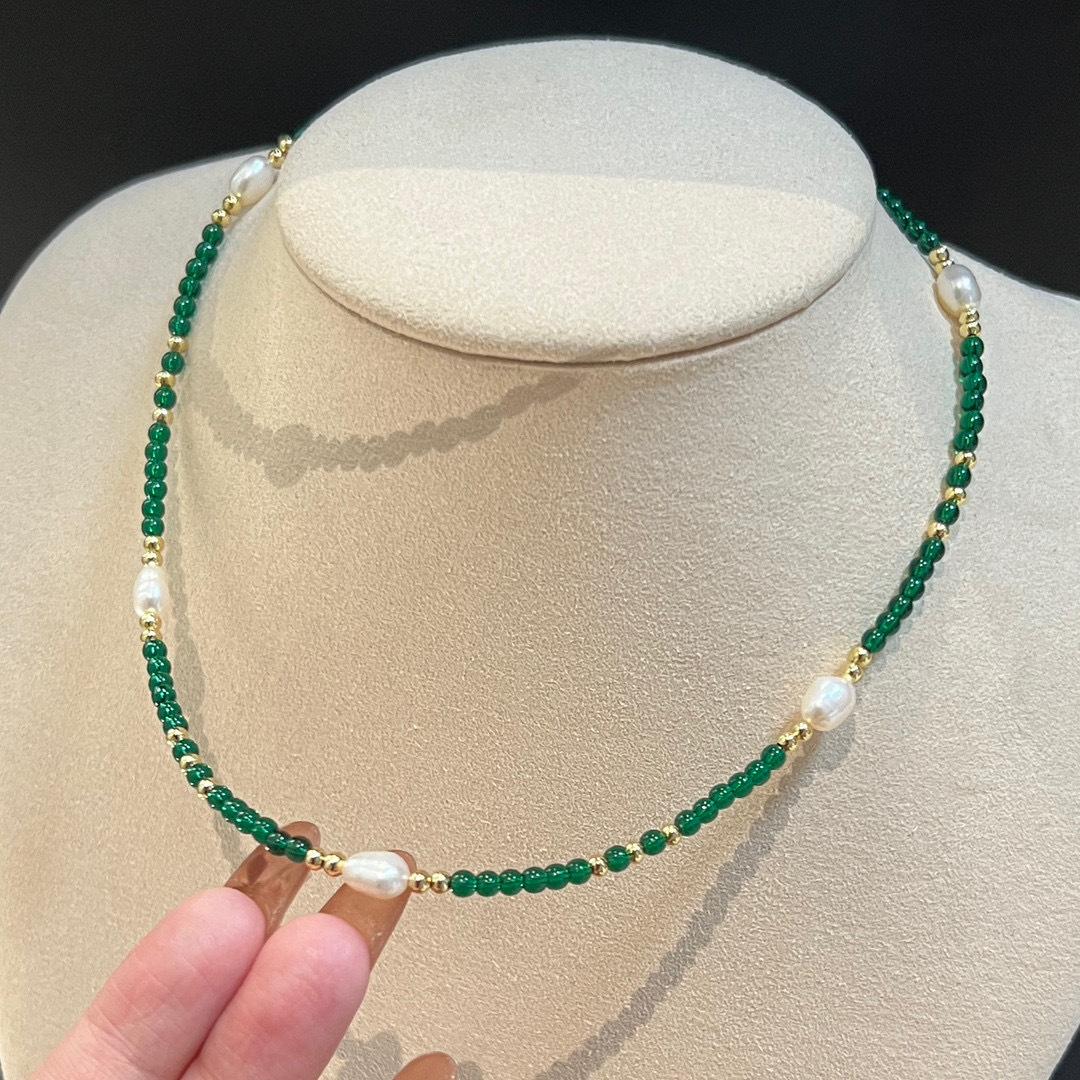 复古小众绿水晶天然淡水珍珠项链女轻奢简约气质圆珠锁