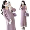 Nuevo Vestido de Punto para Maternidad Otoño/Invierno 2026 con Ribete de Encaje, Diseño de Canalé y Bloques de Color, Vestido Base de Maternidad de Corte Holgado