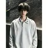 Sudadera con Capucha y Cuello Alto Gris Flor Blanca para Hombre Otoño Bordada Manga Larga Camiseta Marca de Moda Americana Camisa Base con Cuello