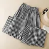 Pantalones Casuales de Cuadros Vintage de Pierna Ancha para Mujer, Pantalón Falda Holgado, Pantalones Cortos Delgados de Cintura Alta para Verano 2026, Pantalones de Algodón y Lino