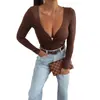 Camiseta Sexy de Manga Larga de Color Sólido con Escote en V Profundo, Huecos y Diseño Retorcido para Mujer, Nuevo Estilo Otoño, Camiseta Básica Sencilla Ajustada Adelgazante