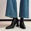 Botas de salto alto femininas outono e inverno novo preto salto grosso francês botas curtas botas elásticas modeladoras botas Martin zíper traseiro preto