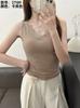 Hao Lai Fen 27189 Chaleco de Terciopelo Lyocell Tencel con Cuello en V y Encaje con Almohadillas en el Pecho Color Sólido Sin Mangas Camiseta Interior