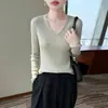 Suéter de Tricô Feminino para Outono e Inverno, Suéter com Gola Redonda em V, Malha Sem Costura de Cor Sólida, Suéter Base Feminino