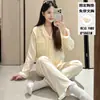 Pijamas al por mayor transfronterizos para mujer, primavera y otoño, con copas en el pecho, encaje de algodón nube, manga larga, pantalón largo, dulce ropa de casa para niña