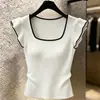 Verão Novo Design Francês Nicho Tricô Manga Bufante Peça Externa Color-Blocking Vazado Manga Pequena Flutter Camiseta Top para Mulheres