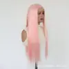 Peluca de encaje de área grande estilo europeo y americano, se puede peinar libremente, cabello rosa largo y liso, pieza para la cabeza de fibra sintética de alta temperatura