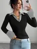 Otoño 2026 Nuevo Estilo Europeo y Americano de Amazon para Mujer Manga Larga Moda Casual Cuello Solapa Combinación Falsa de Dos Piezas Camiseta