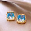 Pendientes de perlas y flores cuadradas de alta gama para mujer, con pintura al óleo vintage, ligeros y lujosos, de plata 925.