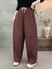 Calça Casual de Gaze de Algodão Dupla Camada Estilo Vintage Novo Outono 2026, Corte Solto, Emagrecedor, Cintura Elástica, Calça Harem com Amarração na Cintura