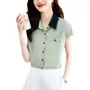 Camisa de gasa con cuello polo de color contrastante, de manga corta, para mujer, estilo coreano, holgada, informal, adelgazante, moderna y de nicho.