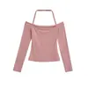 Camiseta Feminina Tendência e Sexy de Manga Longa com Gola Halter de Um Ombro, Camisa Base Curta Slim Fit para Primavera