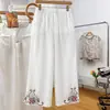 Pantalones de Pierna Ancha de Algodón y Lino de Verano para Mamá Mujer 2024 Nuevos Pantalones de Algodón y Lino de Verano para Mujer Nuevo Estilo Chino Pantalones Verdes Bordados Finos