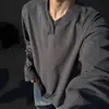 Camiseta de veludo alemão de alta gramatura com decote V e manga longa para homens, outono e inverno, cleanfit, estilo americano, marca da moda, moletom de base