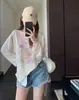 Camiseta Zedaijiai estilo coreano, relaxada, proteção solar, manga longa, macia e respirável, estampa colorida, top casual para ar condicionado