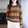 Suéter de tricô listrado color-block estilo francês para mulheres, novo modelo outono 2026, top único e versátil