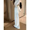 Vibe Elegante e Relaxada, Linho Branco Protetor Solar, Caimento Solto, Calça de Cintura Alta Wide Leg Comprida
