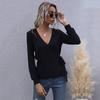 Amazon Independent Station Cross-border Outono Europeu e Americano Cor Sólida Feminino Slim-fit Preto Pulôver Manga Longa V-neck Suéter Algodão